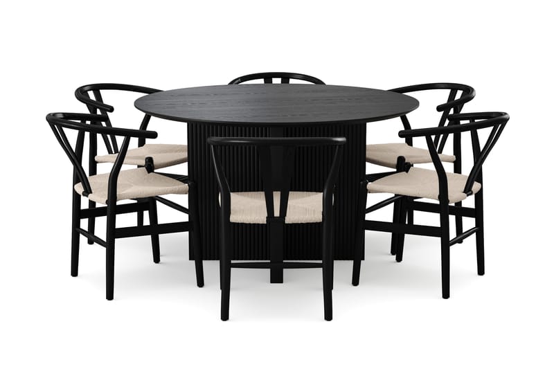 Edda spisegruppe rund 130 cm Sort med 6 Dastoori spisestole - Sortbejdset eg - Møbler - Borde - Spisebordssæt