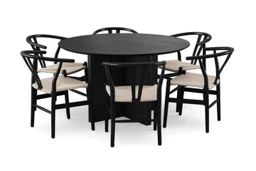 Edda spisegruppe rund 130 cm Sort med 6 Dastoori spisestole - Sortbejdset eg - Møbler - Borde - Spisebordssæt