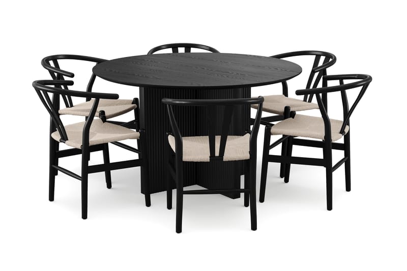 Edda spisegruppe rund 130 cm Sort med 6 Dastoori spisestole, Sortbejdset eg