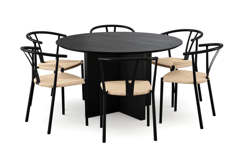 Edda spisegruppe rund 130 cm sort med 6 Elysia spisebordsstole, Sortbejdset eg