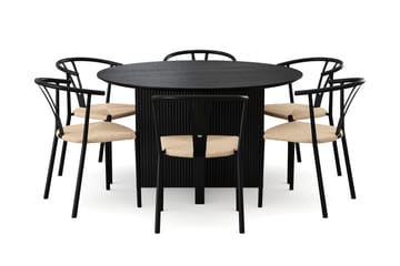 Edda spisegruppe rund 130 cm sort med 6 Elysia spisebordsstole - Sortbejdset eg - Møbler - Borde - Spisebordssæt