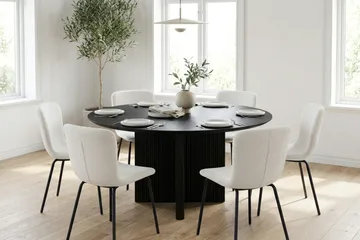 Edda spisegruppe rund 130 cm Sort med 6 Katy spisestole - Sortbejdset eg - Møbler - Borde - Spisebordssæt