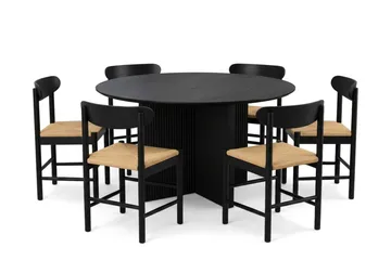 Edda spisegruppe rund 130 cm sort med 6 Malte spisestole - Sortbejdset eg - Møbler - Borde - Spisebordssæt