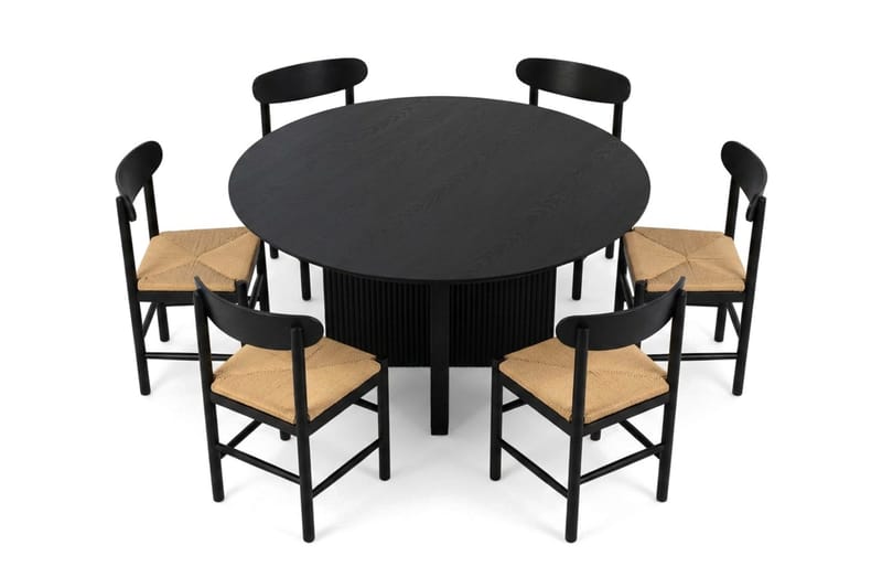 Edda spisegruppe rund 130 cm sort med 6 Malte spisestole - Møbler - Borde - Spisebordssæt
