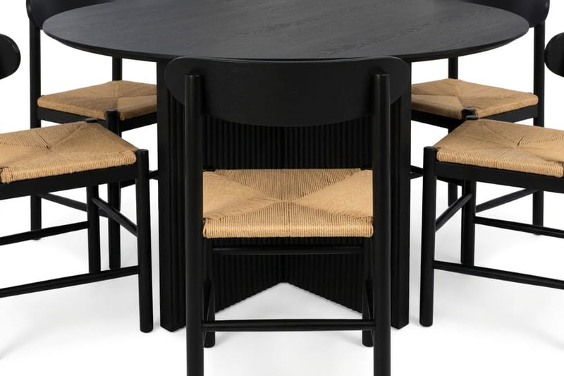 Edda spisegruppe rund 130 cm sort med 6 Malte spisestole - Møbler - Borde - Spisebordssæt