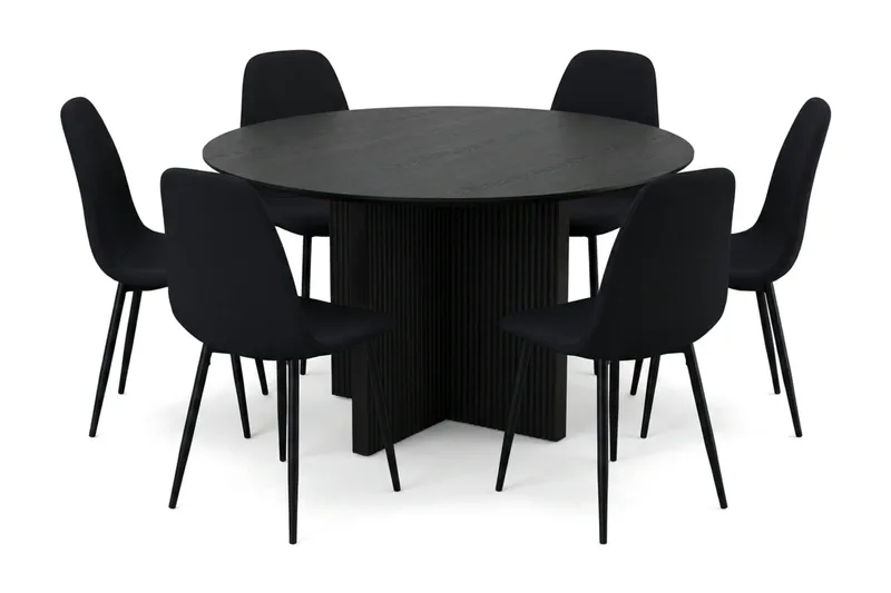 Edda spisegruppe rund 130 cm Sort med 6 Nibe spisestole, Sort