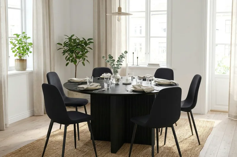 Edda spisegruppe rund 130 cm Sort med 6 Nibe spisestole - Sort - Møbler - Borde - Spisebordssæt