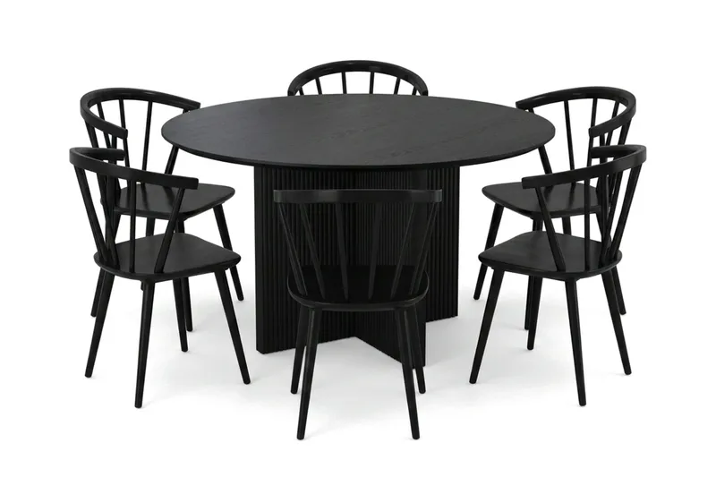 Edda spisegruppe rund 130 cm sort med 6 Tyrö spisestole, Sort
