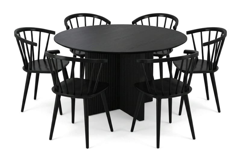 Edda spisegruppe rund 130 cm sort med 6 Tyrö spisestole - Sort - Møbler - Borde - Spisebordssæt