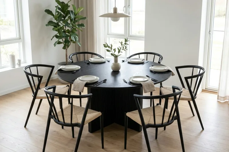 Edda spisegruppe rund 130 cm sort med 6 Winston spisestole - Sortbejdset eg - Møbler - Borde - Spisebordssæt