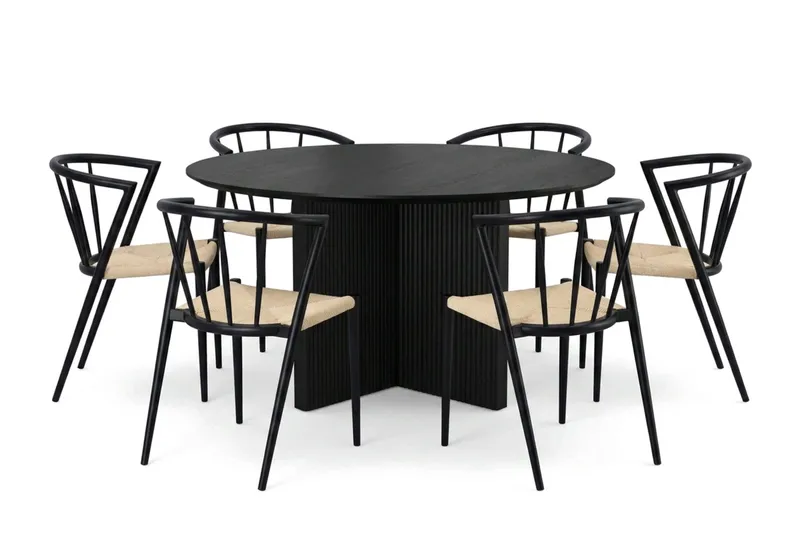 Edda spisegruppe rund 130 cm sort med 6 Winston spisestole, Sortbejdset eg