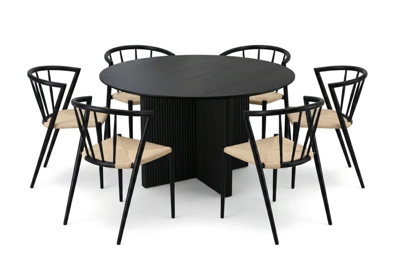 Edda spisegruppe rund 130 cm sort med 6 Winston spisestole - Sortbejdset eg - Møbler - Borde - Spisebordssæt