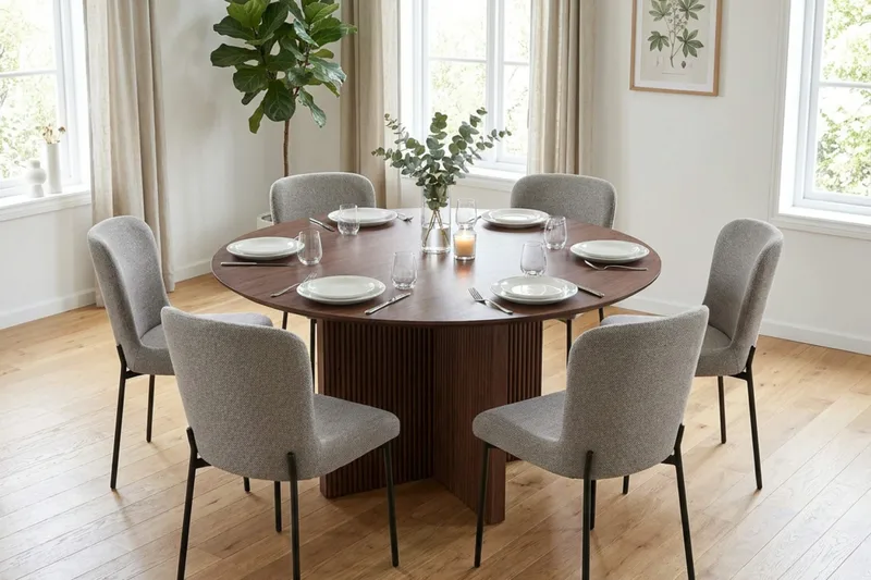 Edda spisegruppe rund 130 cm valnød med 6 Elsie spisebordsstole - Valnød/lysegrå - Møbler - Borde - Spisebordssæt