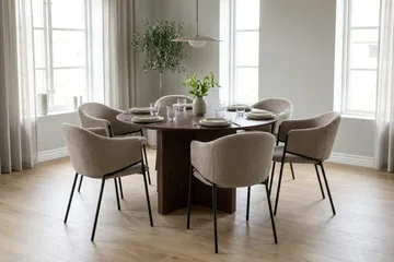 Edda spisegruppe rund 130 cm valnød med 6 Filip spisestole - Valnød - Møbler - Borde - Spisebordssæt