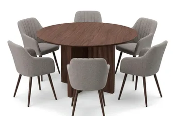 Edda spisegruppe rund 130 cm valnød med 6 Filippa spisestole - Valnød - Møbler - Borde - Spisebordssæt