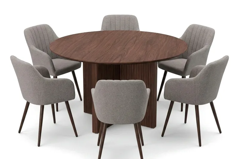 Edda spisegruppe rund 130 cm valnød med 6 Filippa spisestole, Valnød