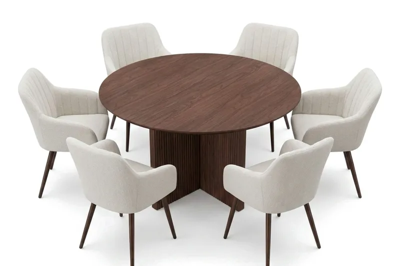 Edda spisegruppe rund 130 cm valnød med 6 Filippa spisestole, Valnød