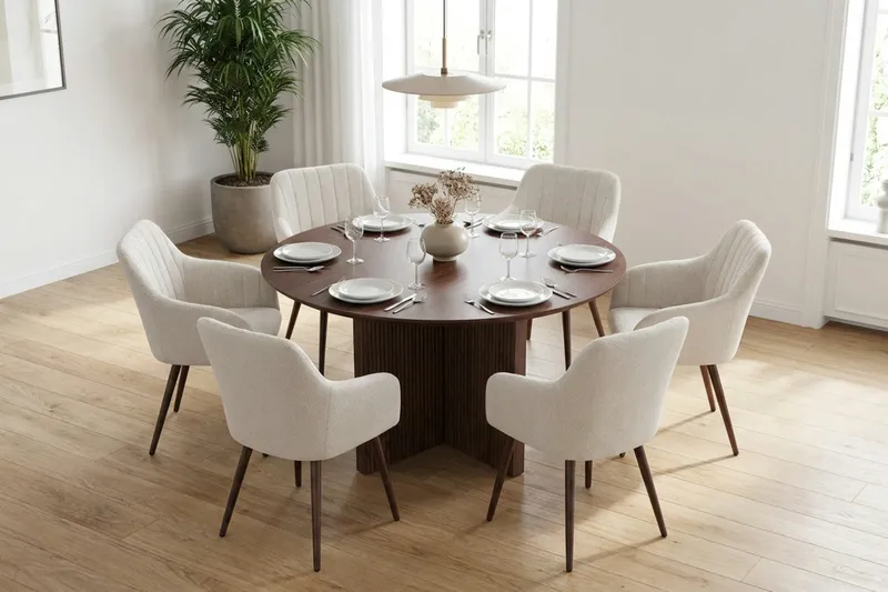 Edda spisegruppe rund 130 cm valnød med 6 Filippa spisestole - Valnød - Møbler - Borde - Spisebordssæt