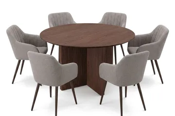 Edda spisegruppe rund 130 cm valnød med 6 Filippa spisestole - Valnød - Møbler - Borde - Spisebordssæt