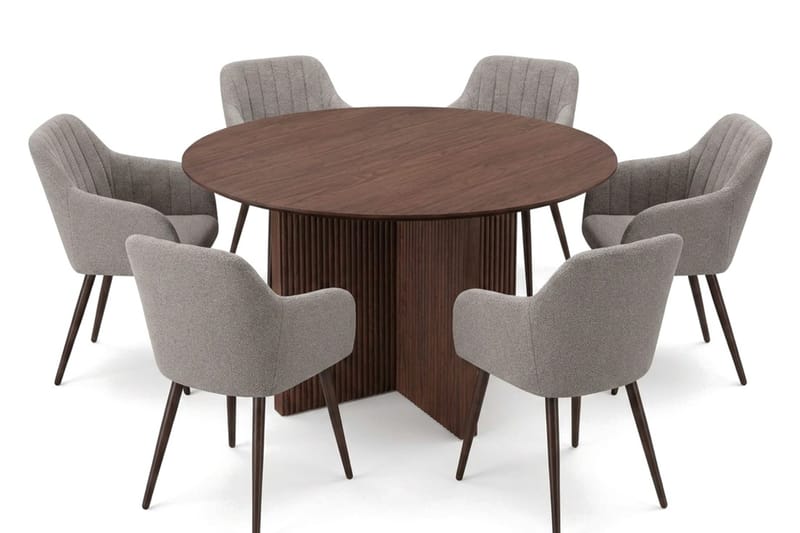 Edda spisegruppe rund 130 cm valnød med 6 Filippa spisestole - Valnød - Møbler - Borde - Spisebordssæt