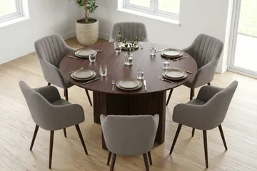 Edda spisegruppe rund 130 cm valnød med 6 Filippa spisestole - Valnød - Møbler - Borde - Spisebordssæt