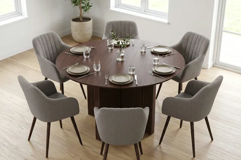 Edda spisegruppe rund 130 cm valnød med 6 Filippa spisestole - Valnød - Møbler - Borde - Spisebordssæt