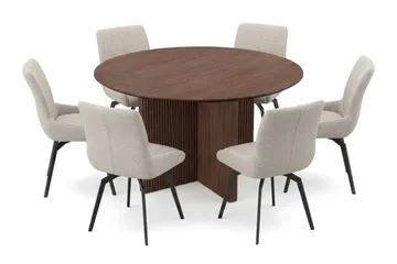 Edda spisegruppe rund 130 cm valnød med 6 Mora spisestole - Valnød - Møbler - Borde - Spisebordssæt