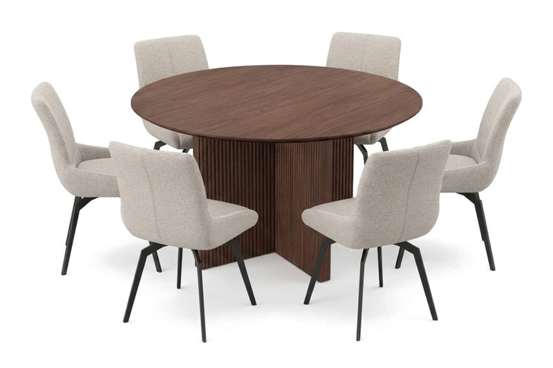 Edda spisegruppe rund 130 cm valnød med 6 Mora spisestole - Valnød - Møbler - Borde - Spisebordssæt