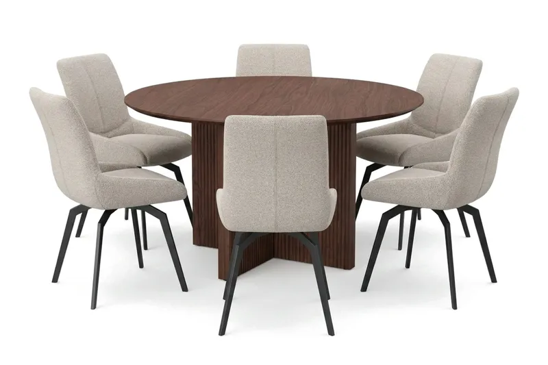 Edda spisegruppe rund 130 cm valnød med 6 Mora spisestole, Valnød