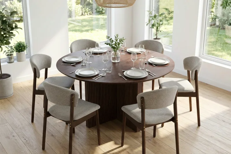 Edda spisegruppe rund 130 cm valnød med 6 Nala spisestole - Valnød - Møbler - Borde - Spisebordssæt