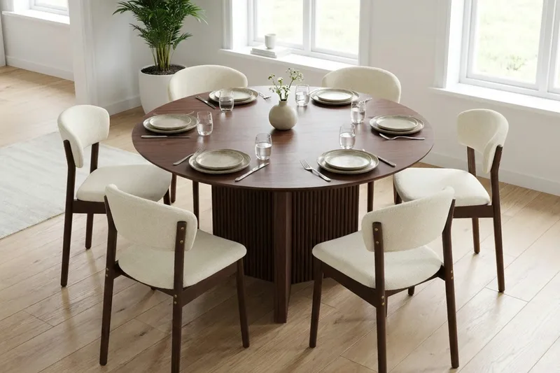 Edda spisegruppe rund 130 cm valnød med 6 Nala spisestole - Valnød - Møbler - Borde - Spisebordssæt