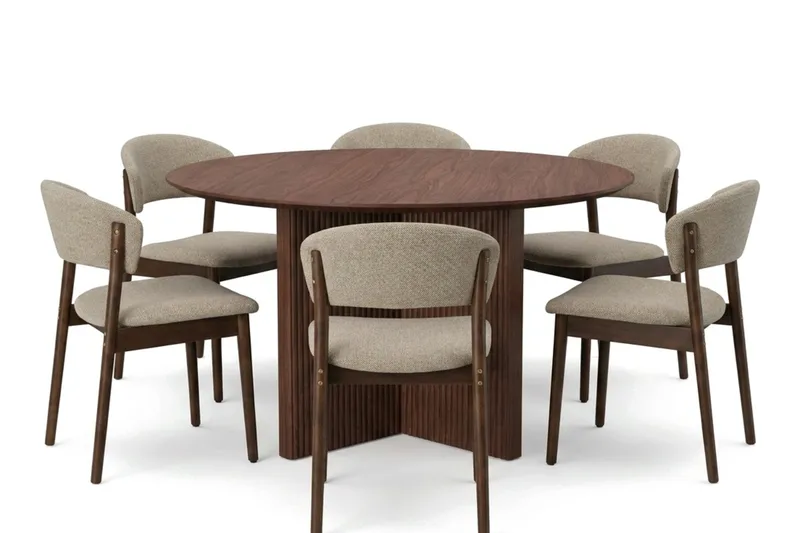 Edda spisegruppe rund 130 cm valnød med 6 Nala spisestole, Valnød