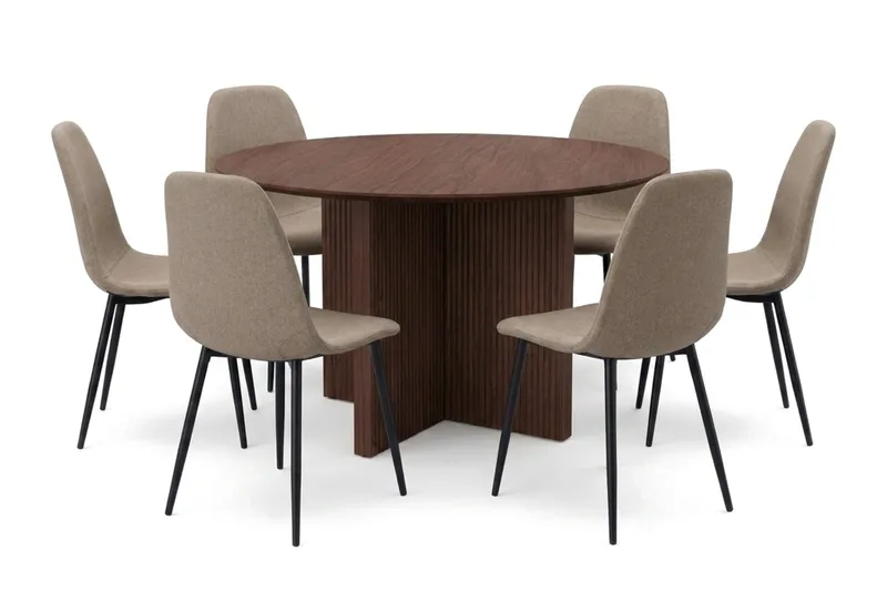 Edda spisegruppe rund 130 cm Valnød med 6 Nibe spisestole, Valnød