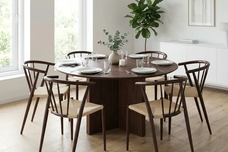Edda spisegruppe rund 130 cm valnød med 6 Winston spisestole - Valnød - Møbler - Borde - Spisebordssæt