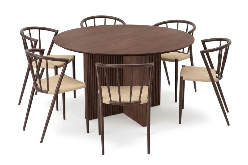 Edda spisegruppe rund 130 cm valnød med 6 Winston spisestole, Valnød