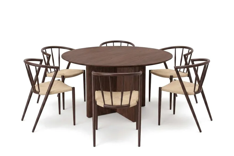 Edda spisegruppe rund 130 cm valnød med 6 Winston spisestole - Valnød - Møbler - Borde - Spisebordssæt