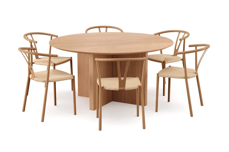 Edda spisegruppe rund 150 cm eg med 6 Elysia spisebordsstole, Eg