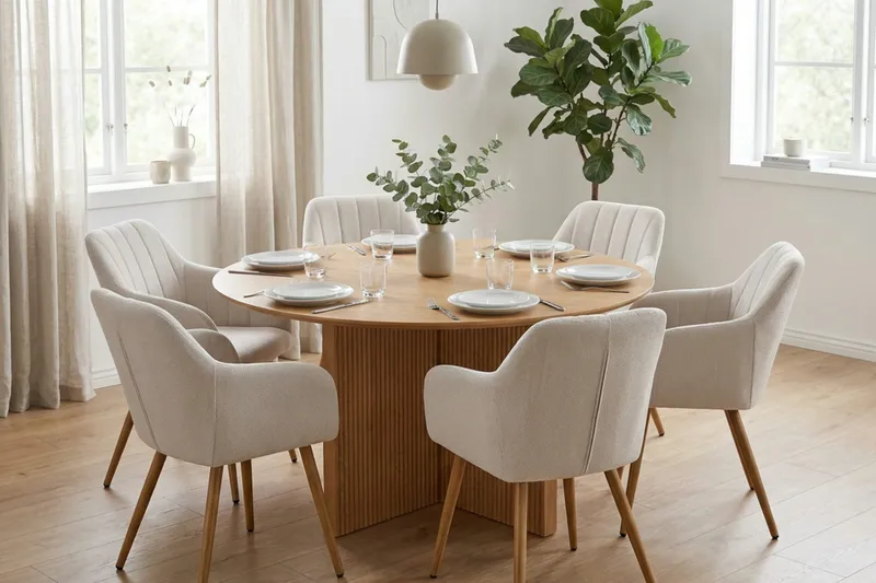 Edda spisegruppe rund 150 cm eg med 6 Filippa spisestole - Eg - Møbler - Borde - Spisebordssæt