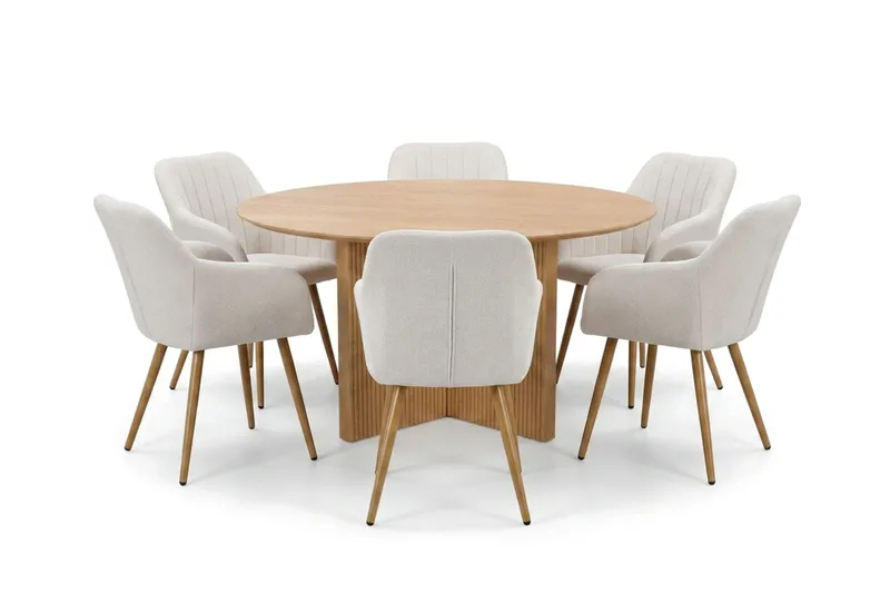 Edda spisegruppe rund 150 cm eg med 6 Filippa spisestole - Eg - Møbler - Borde - Spisebordssæt
