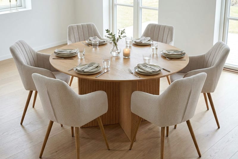 Edda spisegruppe rund 150 cm eg med 6 Karol spisestole - Eg - Møbler - Borde - Spisebordssæt
