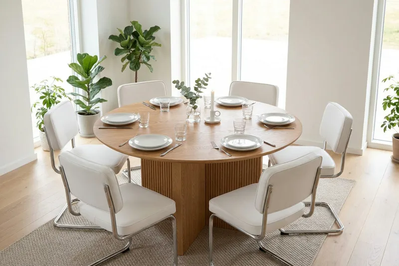 Edda spisegruppe rund 150 cm eg med 6 Milva spisestole - Eg - Møbler - Borde - Spisebordssæt