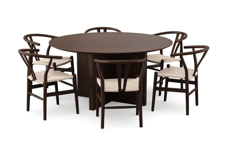 Edda spisegruppe rund 150 cm røget eg med 6 Dastoori spisestole, Røget eg