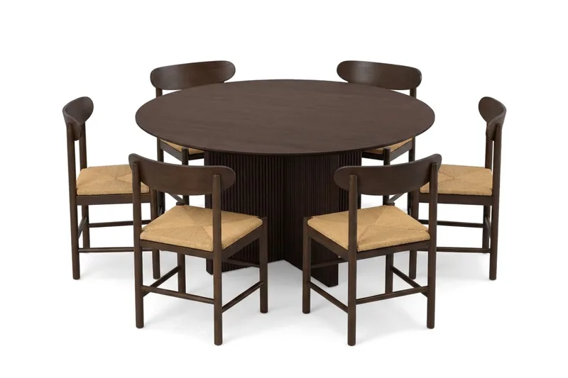 Edda spisegruppe rund 150 cm røget eg med 6 Malte spisestole