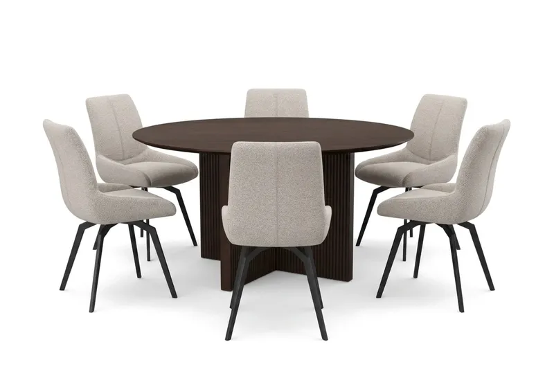 Edda spisegruppe rund 150 cm røget eg med 6 Mora spisestole, Røget eg