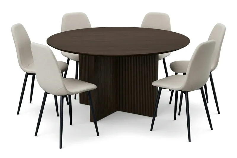 Edda spisegruppe rund 150 cm røget eg med 6 Nibe spisestole, Røget eg