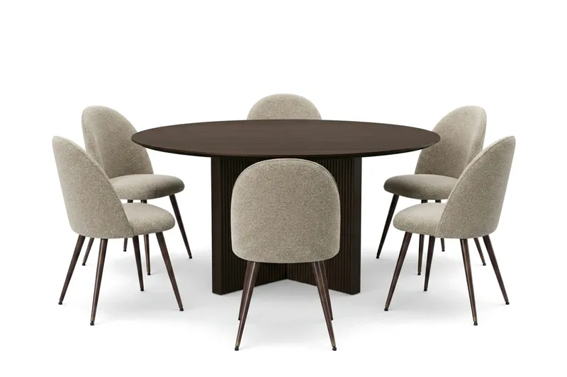 Edda Spisegruppe rund 150 cm Røget Eg med 6 Nibe Plus Spisebordsstole, Røget eg