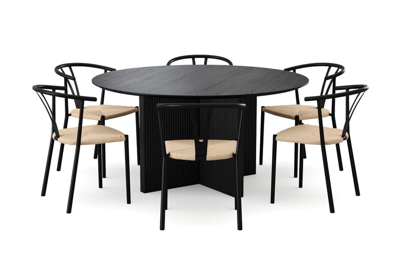 Edda spisegruppe rund 150 cm sort med 6 Elysia spisebordsstole - Sortbejdset eg - Møbler - Borde - Spisebordssæt