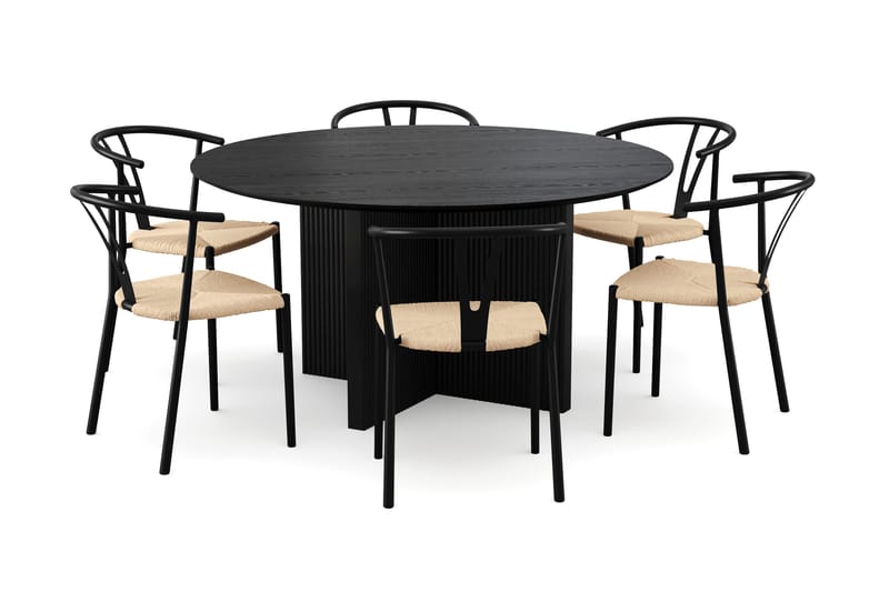 Edda spisegruppe rund 150 cm sort med 6 Elysia spisebordsstole, Sortbejdset eg