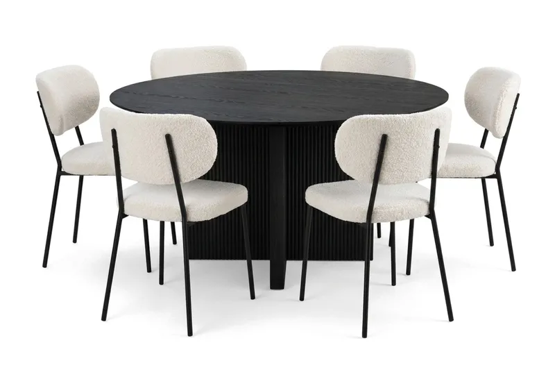 Edda spisegruppe rund 150 cm sort med 6 Gemmiano spisestole, Sort