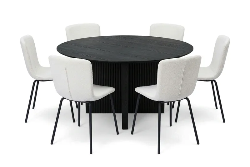 Edda spisegruppe rund 150 cm sort med 6 Katy spisestole, Sort
